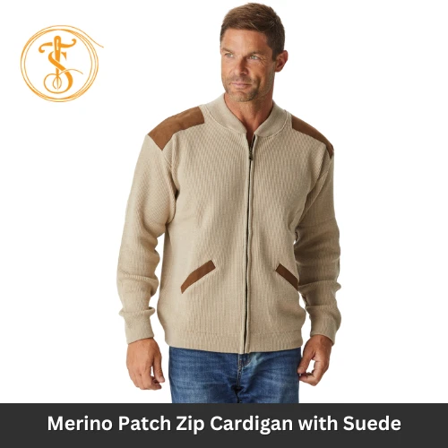 Men's Heavyweight Merino Wool Zip-Up Cardigan with Faux Suede Patches